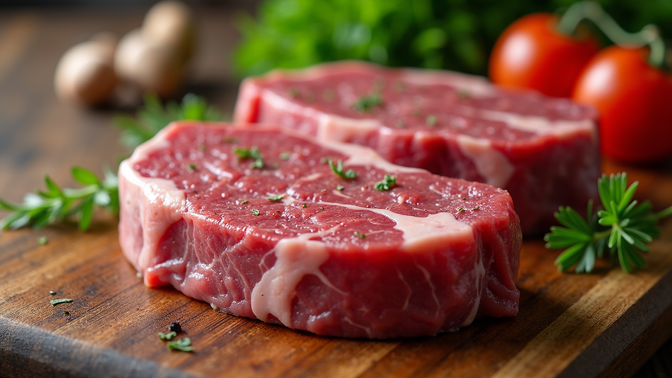 Close-up view of fresh grass-fed beef steak on a wooden board