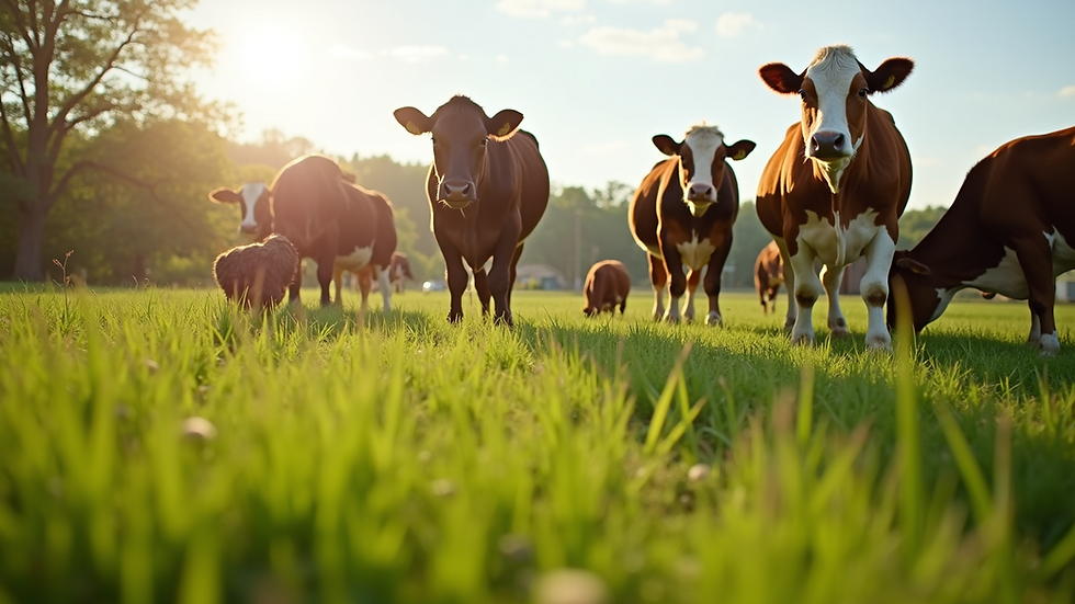 Eye-level view of a green pasture with grazing cattle