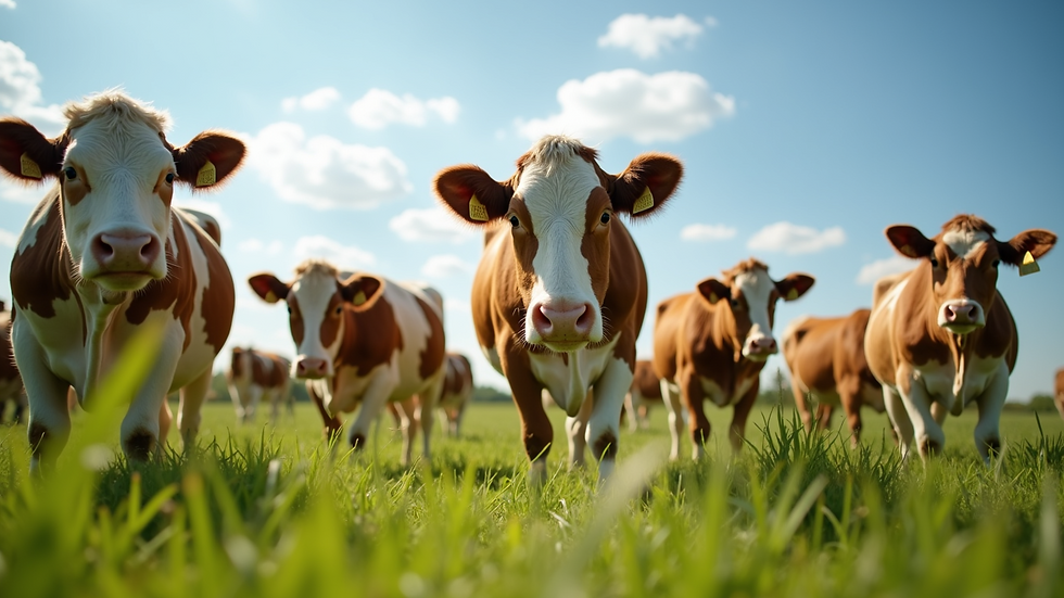 Eye-level view of a local farm with grazing cattle under a clear sky