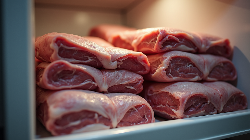 Eye-level view of frozen meat packages neatly stacked in a home freezer