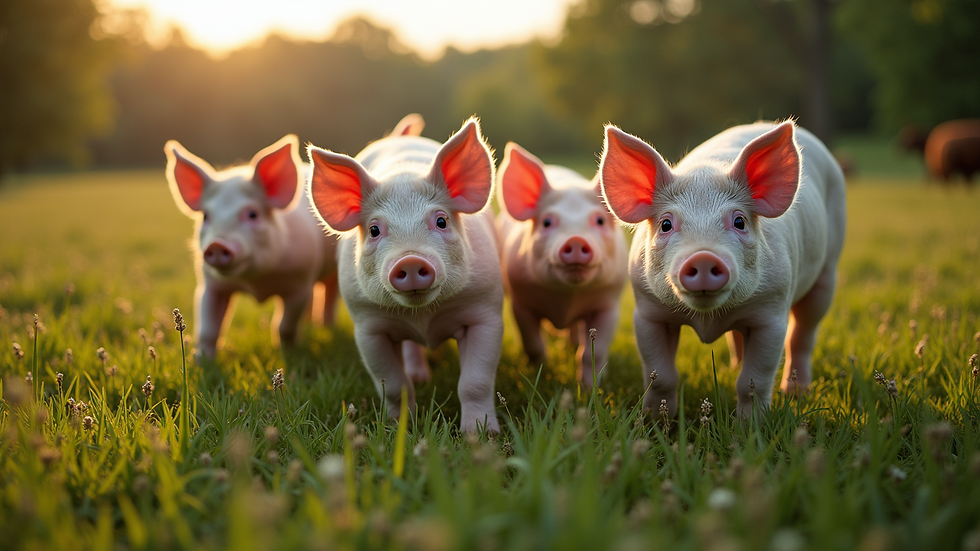High angle view of pigs roaming freely in a grassy field
