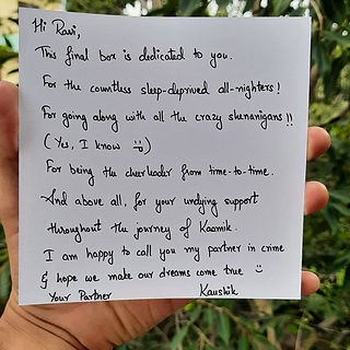 An example of 'thank you note' from the organization to their employee which is given along with the snacks inside the explorin giftbox of Kaamik