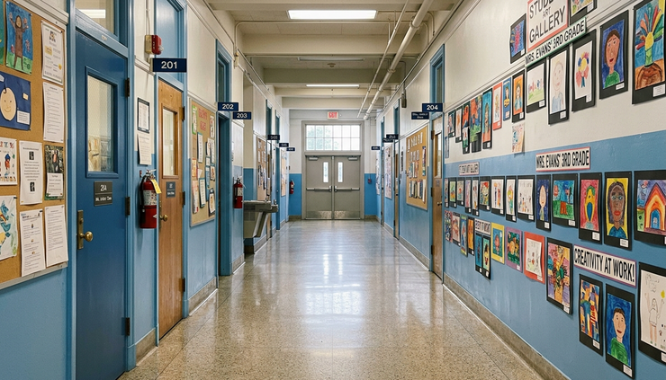 Eye-level view of an empty school hallway with student artwork displayed on the walls.