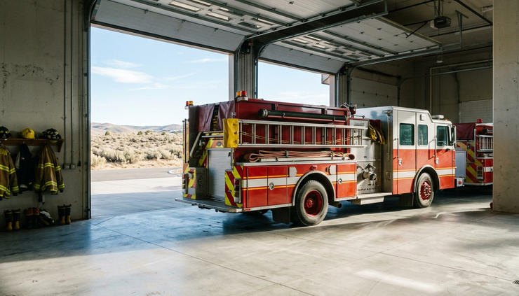 Eye-level view of a fire station garage with emergency vehicles inside.
