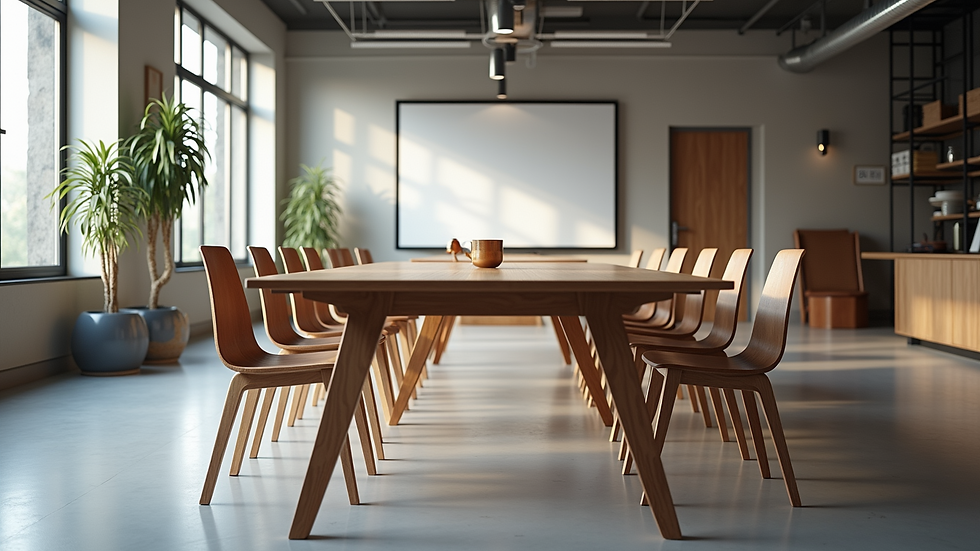 Eye-level view of a collaborative workspace with a large table and chairs