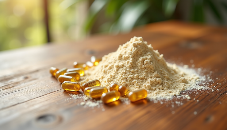 Close-up view of collagen powder and biotin capsules on a wooden surface