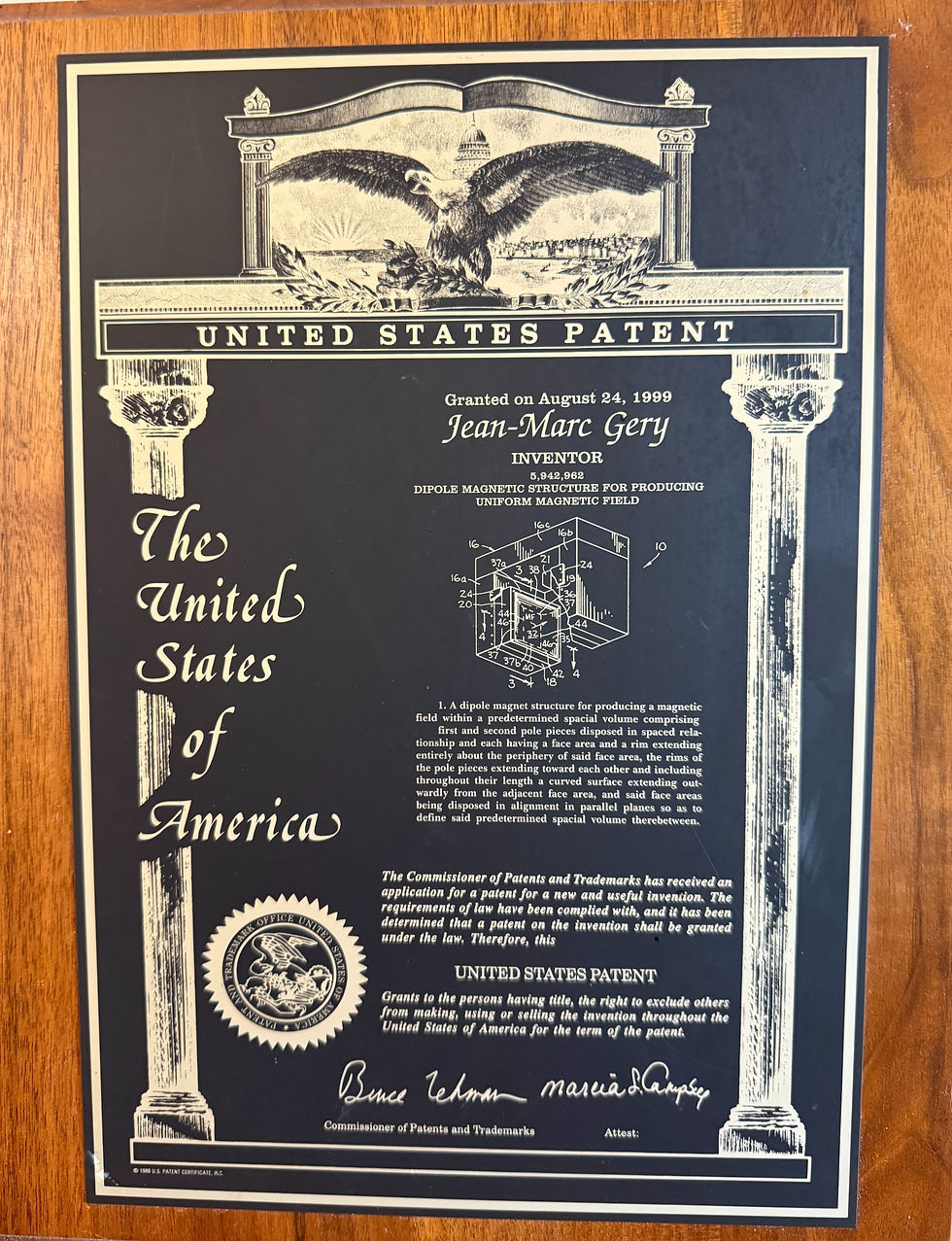 Picture of a plaque for US Patent 5,942,962 Dipole Magnetic Structure for Producing Uniform Magnetic Field