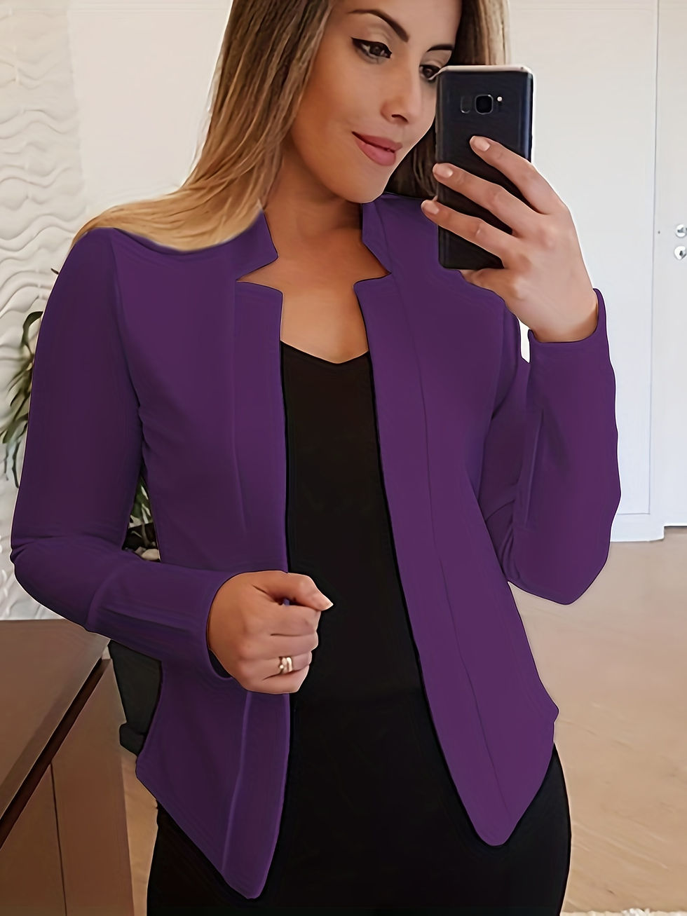 Thumbnail: Women's Elegant Solid Color Long Sleeve Cardigan Jacket - Open Front H-Silhouett