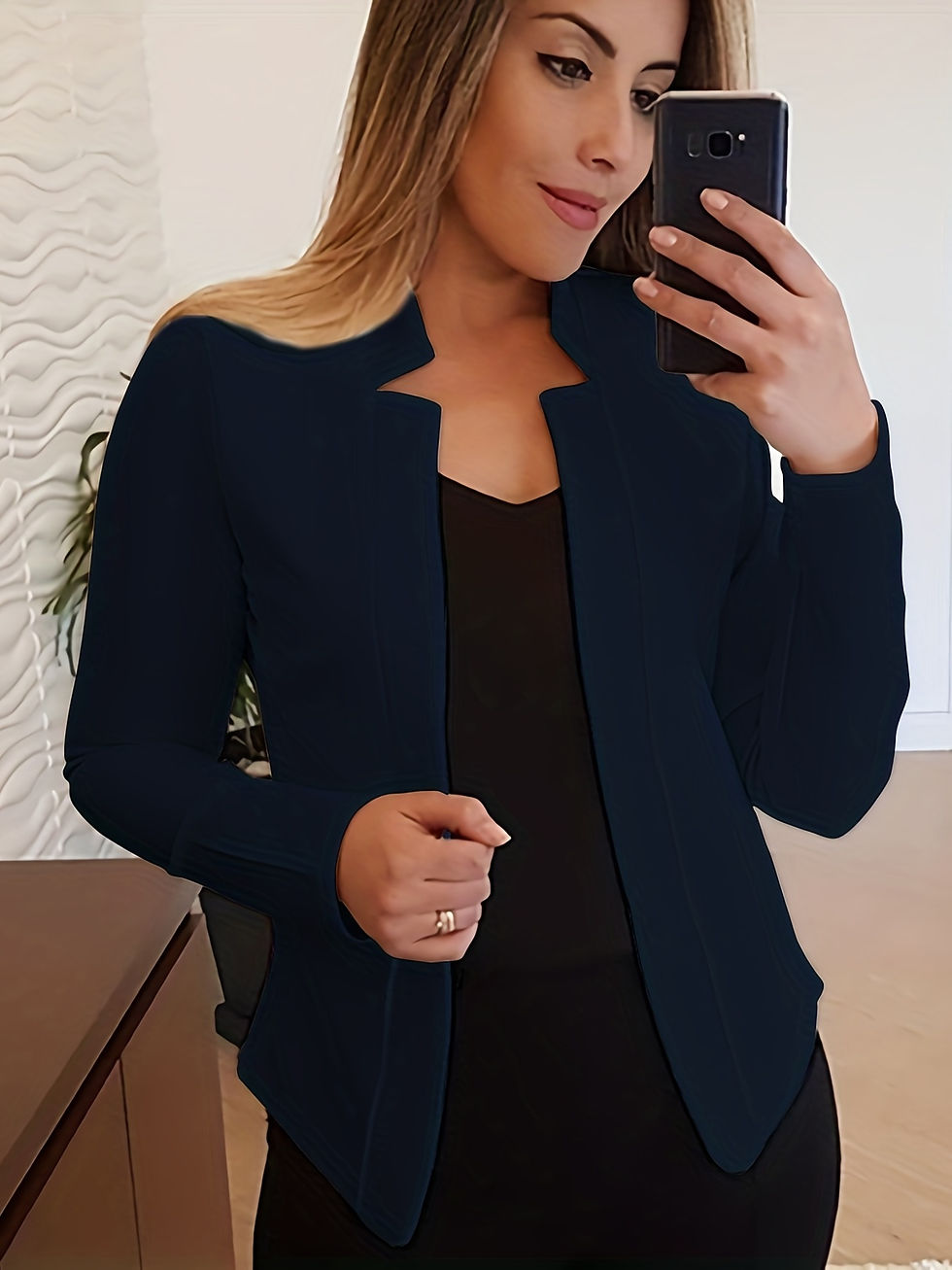Thumbnail: Women's Elegant Solid Color Long Sleeve Cardigan Jacket - Open Front H-Silhouett