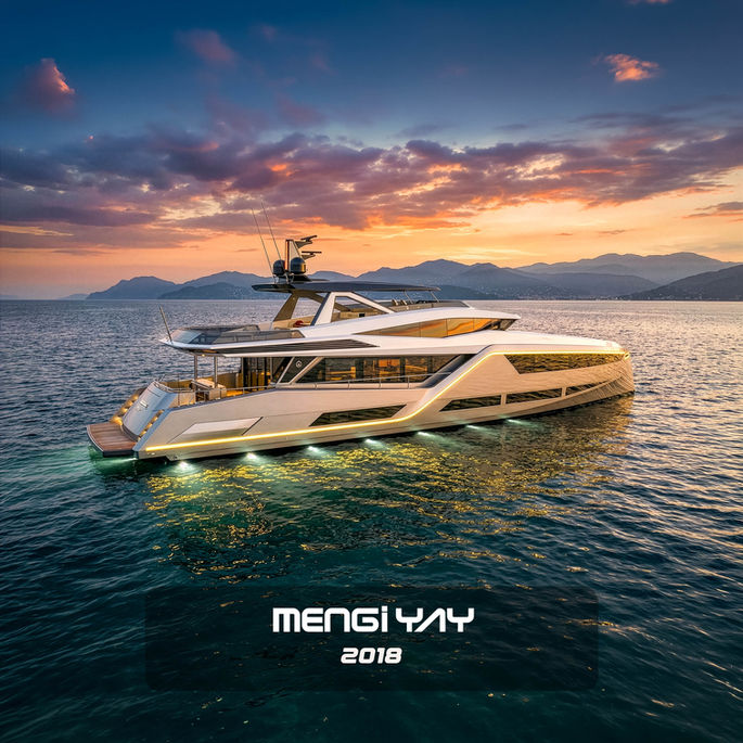 Side profile of a sleek Mengi Yay motor yacht at sunset, featuring chiseled automotive lines, a plumb bow, and signature LED lighting, designed by Yacht exterior designer Emrah Onemli.