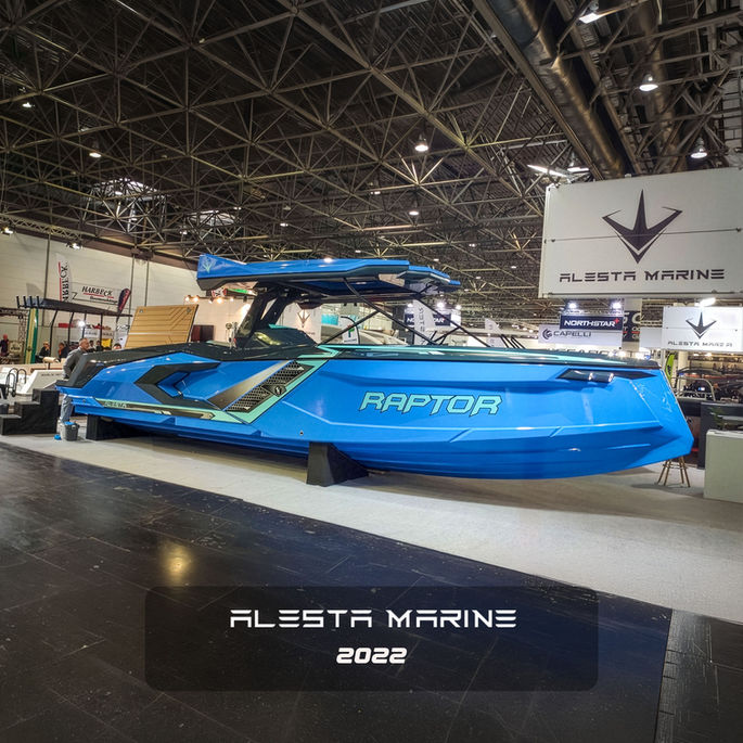 Side profile of the blue Alesta Marine Raptor parasailing and tour boat featuring automotive air intakes, by Yacht exterior designer Emrah Onemli.