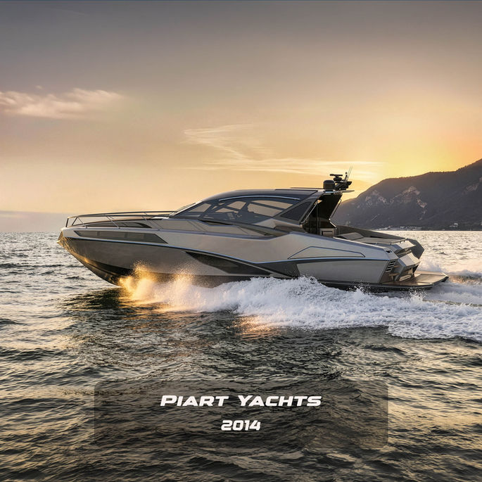 Side profile of a sleek 14-meter Piart Yachts sports cruiser underway at sunset, featuring a metallic finish and aggressive faceted lines, designed by Yacht exterior designer Emrah Onemli.