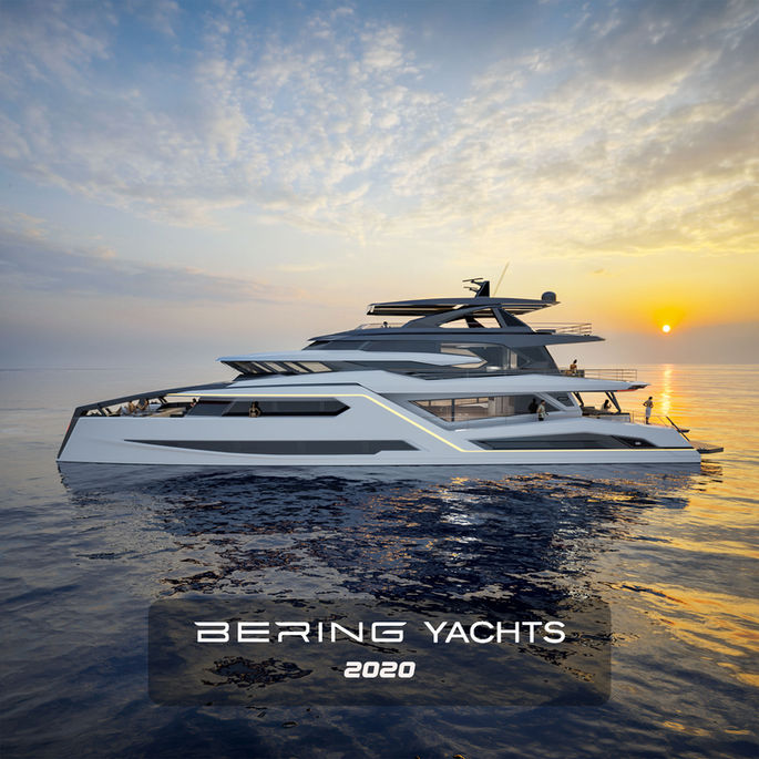 Side profile of a sleek 32-meter Bering Yachts super catamaran at sunset, featuring sharp stealth lines and LED accents, designed by Yacht exterior designer Emrah Onemli.