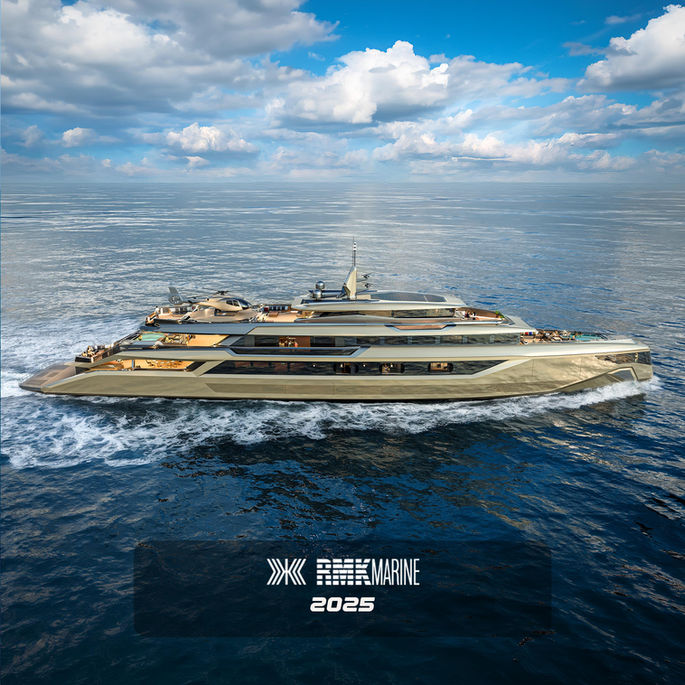 Side profile of the 80-meter Dharma superyacht featuring a gold-toned hull, fold-out lower deck balconies, and large glass sections, by Yacht exterior designer Emrah Onemli.