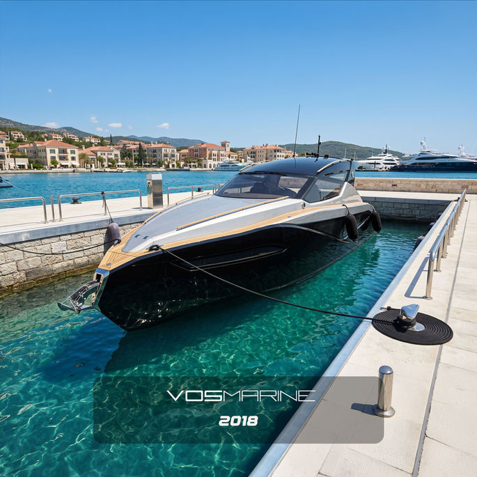 Side profile of the sleek black and silver Vosmarine day cruiser docked in a marina, featuring a custom superstructure and carbon fiber elements, by Yacht exterior designer Emrah Onemli.