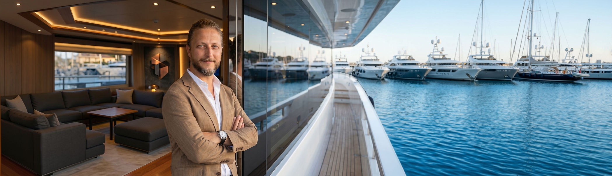 Portrait of Emrah Onemli, professional yacht exterior designer, standing on a luxury superyacht deck.