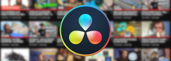 DaVinci Resolve logo over a blurred background of Davis's YouTube video thumbnails