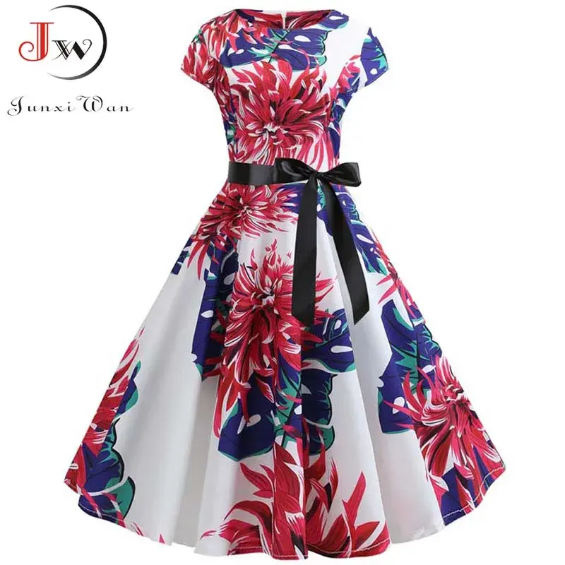 Miniatura: Women Floral Print Summer Dress 50s 60s Vintage Dress Female Short Sleeve Retro