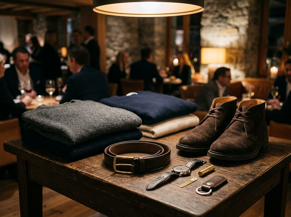 Eye-level view of einer kuratierten Fashion-Station mit Stoffen, Schuhen und Accessoires.
