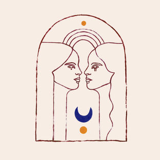 Twin profiles facing each other under an arch with moon and sun artwork by Lou Broadbent