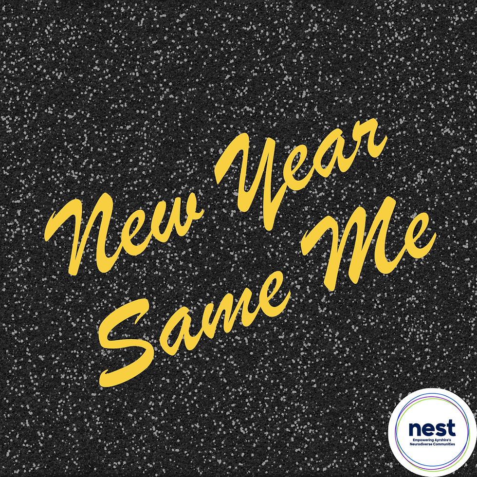 Yellow text "New Year Same Me" on a black speckled background. Logo with "nest" in the bottom right corner.