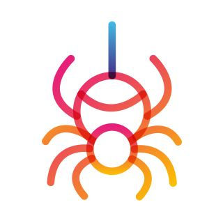 Stylized spider icon with gradient colors hanging on a thread, set against a white background. Bold, vibrant design.