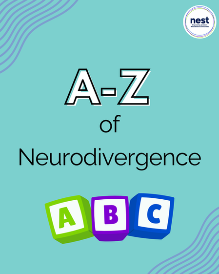 A teal background with "A-Z of Neurodivergence" text. ABC blocks in green, purple, and blue. Nest logo in top right corner.