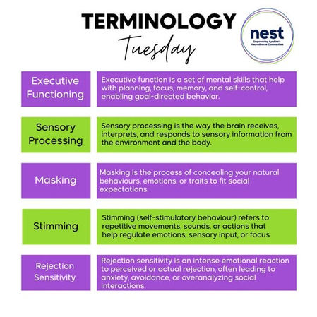 Terminology list with definitions on purple and green panels, including executive functioning and sensory processing. "Terminology Tuesday" text.
