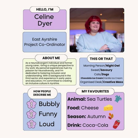 Profile of Celine Dyer, East Ayrshire Project Co-Ordinator. Described as bubbly, funny, loud; prefers night owl, savoury, dogs, creative mess.