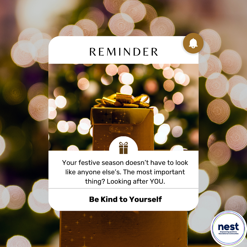 Golden gift box with ribbon in front of blurred lights. Text: "Reminder: Your festive season... Looking after YOU. Be Kind to Yourself".
