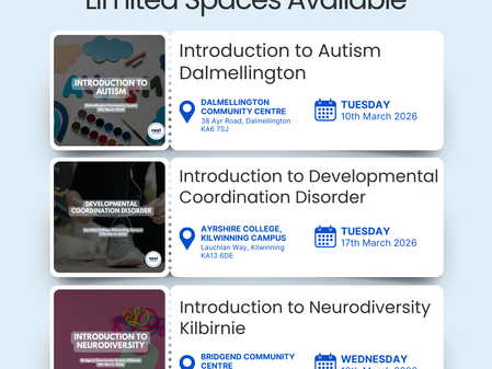 Workshops poster for March 2026 by NEST. Topics: Autism, Developmental Coordination Disorder, Neurodiversity. RSVP info and QR code.