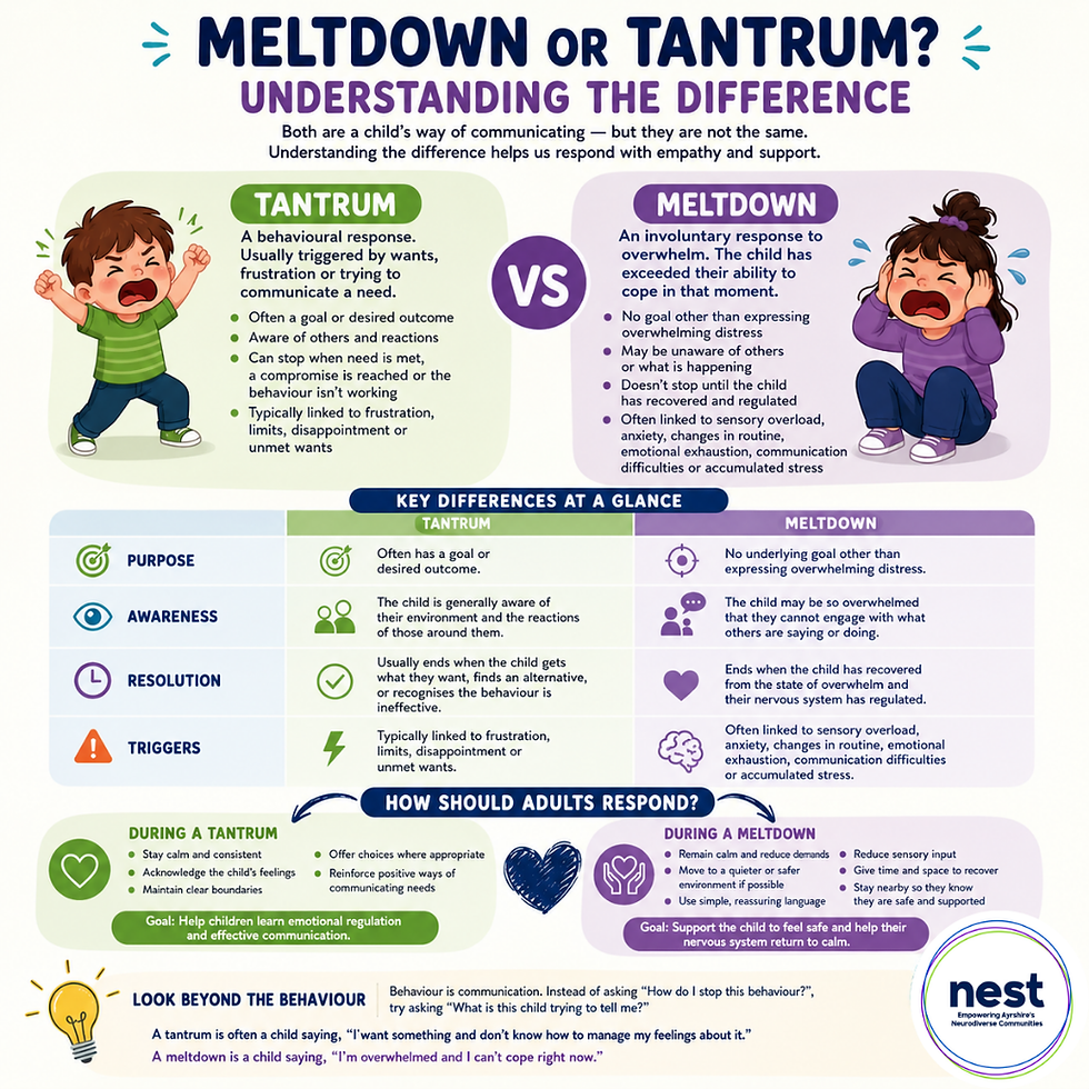 Infographic comparing tantrum vs meltdown, with crying child cartoons, purple and green sections, and headings on adult responses.