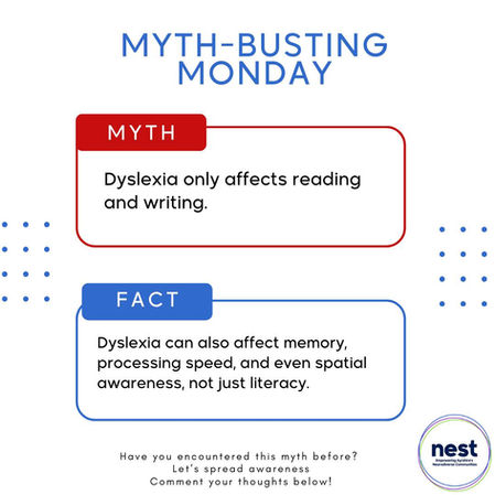 "Myth-Busting Monday: Red 'Myth' text states dyslexia affects reading; blue 'Fact' text says it also impacts memory, speed, and spatial awareness."