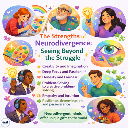 Illustrated poster titled "The Strengths of Neurodivergence." Features diverse people engaging in creative and thoughtful activities.