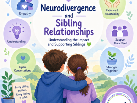 Two children sit together with arms around each other. Text highlights neurodivergence, empathy, and support. Bright, calming colors.