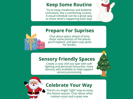 Tips for a calm festive season on a green background with snowman, gifts, Santa, tree, and reindeer illustrations. Includes advice on routine, surprises, spaces, celebrating, and downtime.