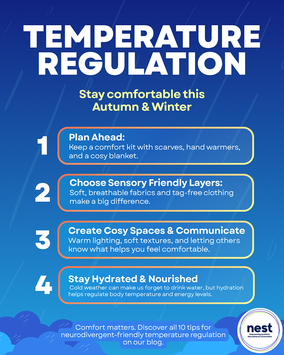 Blue infographic titled "Temperature Regulation" with four tips for staying comfortable in autumn and winter. Cloud graphics at bottom.