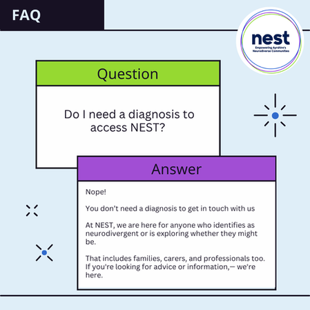 FAQ graphic with a green "Question" box asking about needing a diagnosis for NEST. Purple "Answer" box says no diagnosis needed, open to all.