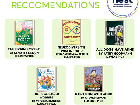 A graphic titled “Children’s Book Recommendations” with the NEST logo in the top right corner. The image shows five children’s book covers arranged in two rows. Each book has a title, author, and the team member’s name who recommended it: The Brain Forest by Sandhya Menon – Celine’s pick Neurodiversity! What’s That? by Nadne Ramina Arthur – Clare’s pick All Dogs Have ADHD by Kathy Hoopmann – David’s pick The Huge Bag of Worries by Virginia Ironside – Carla’s pick A Dragon with ADHD by Steve Herman – Alison’s pick A note at the bottom says: “For full details of recommendations/to listen to the book being read aloud please visit the link in the description.”