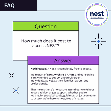 FAQ image on NEST cost. Question: “How much does it cost to access NEST?” Answer: “Nothing at all.” NHS logo and pastel colors.