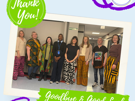 Eight people stand together smiling in a hallway, wearing colorful outfits. Text reads "Thank You!" and "Goodbye & Good Luck."