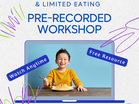 Smiling child in a yellow sweater eating noodles, displayed on a laptop screen. Text: "Pre-recorded workshop", "Free Resource", "Watch Anytime".