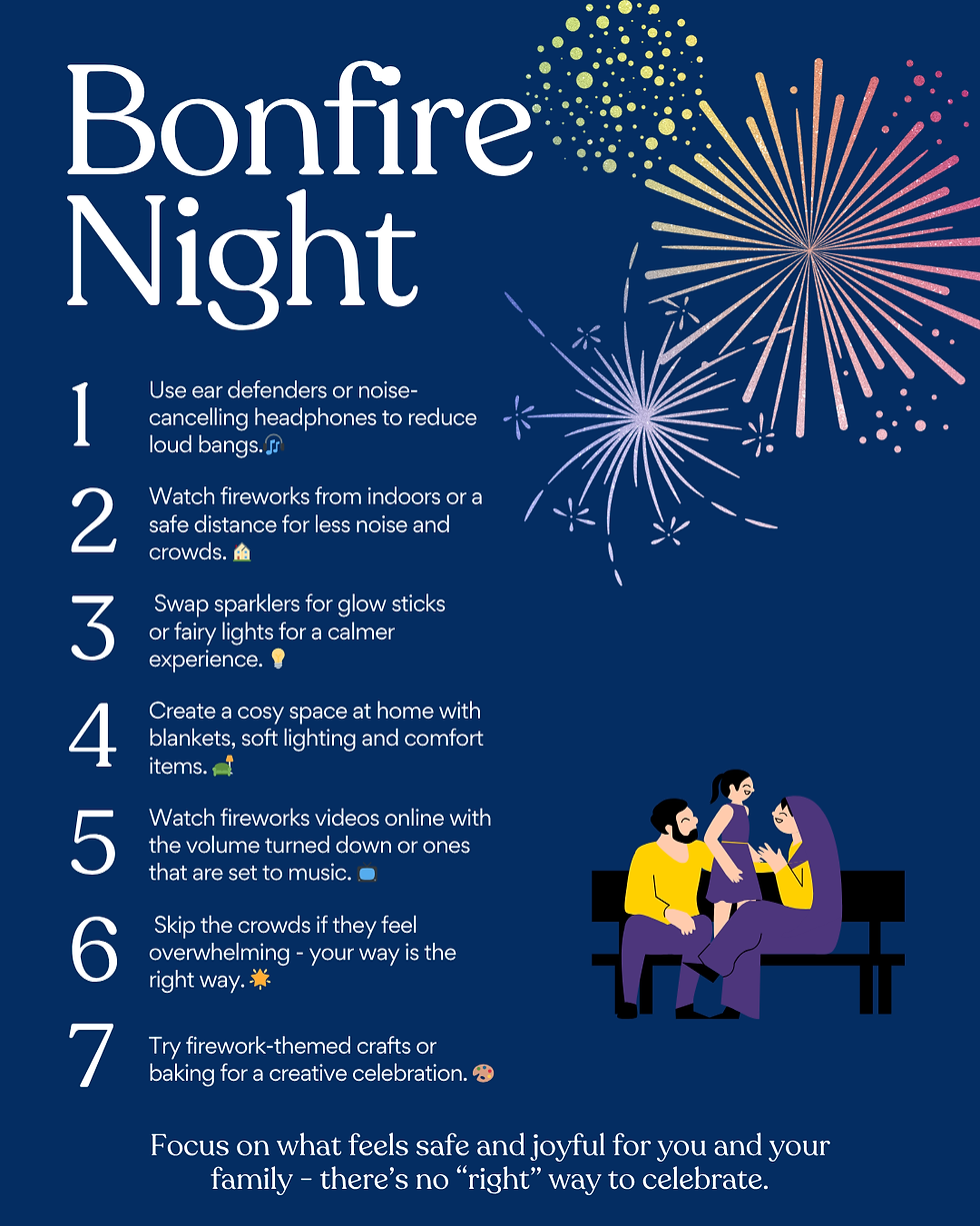Bonfire Night tips on a dark blue background with fireworks graphics. Emphasizes safe, joyful celebrations with family. Nest logo included.