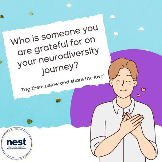 Illustration of a smiling person with hands on chest, set against a blue and purple background. Text: "Who is someone you are grateful for on your neurodiversity journey?" Logo: "Nest."
