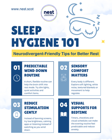 Sleep Hygiene 101 tips for better rest: wind-down routine, sensory comfort, reduce stimulation, visual supports. Features calming icons.