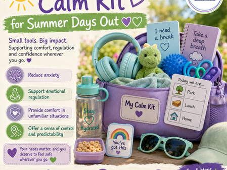 Poster for Summer Days Out shows a purple calm kit with headphones, fidget toys, cards, water bottle, sunglasses, and supportive text