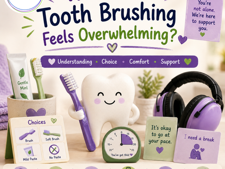 Infographic on easing tooth brushing with smiling tooth, toothbrush, headphones, and support cards about taking it at your pace.