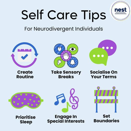Self-care tips for neurodivergent individuals, featuring six colorful icons: create routine, sensory breaks, socialize, prioritize sleep, engage interests, set boundaries.