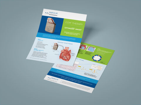 Marketing flyer for a cardiac implant device, displaying device images and clinical benefits on front and back.