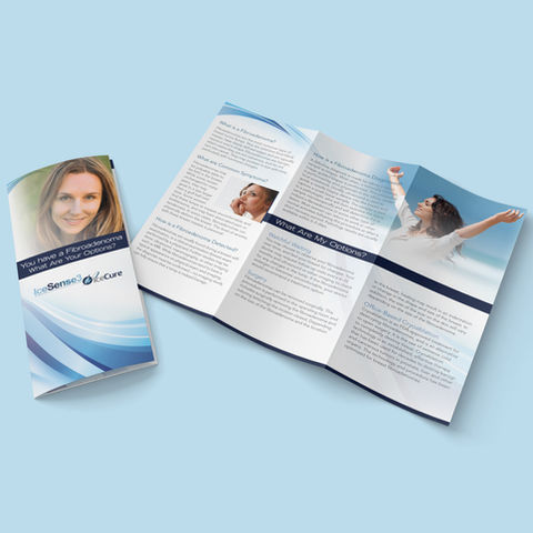 Trifold brochure design for IceCure Medical’s ProSense Cryoablation System, highlighting the minimally invasive liquid nitrogen-based tumor treatment, key product benefits, clinical efficacy, and patient-centered advantages.